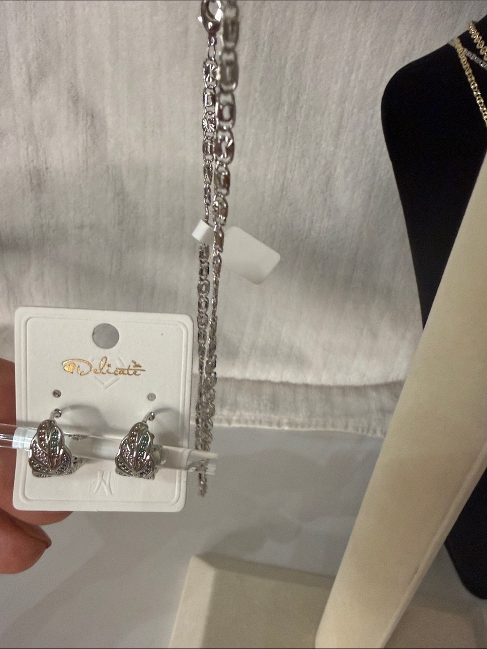 White Gold Huggie Leaf Hoop Earrings with Chain Accent